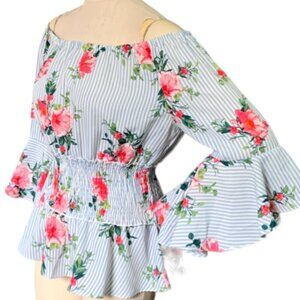Timing Smocked Waist Bell Sleeve Peplum Floral & Striped Top XL 31N